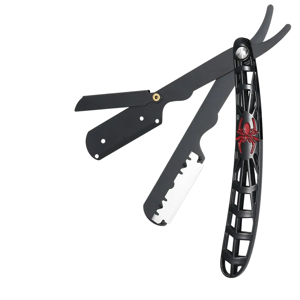 Black stainless steel folding straight razor with spider design matte finish and metallic accents for precise shaving