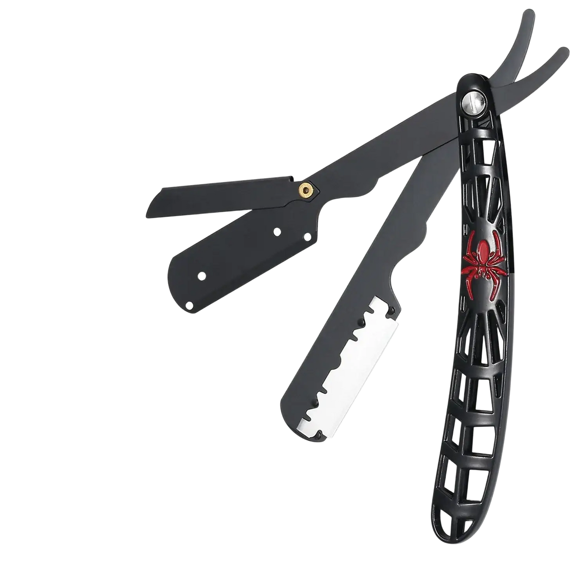 Black stainless steel folding straight razor with spider design matte finish and metallic accents for precise shaving