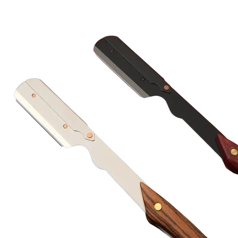 Stainless steel straight razors with silver and black blades, wooden handles, and gold-colored rivets for shaving use