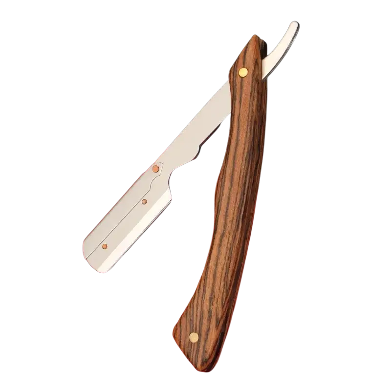 A stainless steel straight razor with a polished blade and a rich striped wooden handle with gold rivets