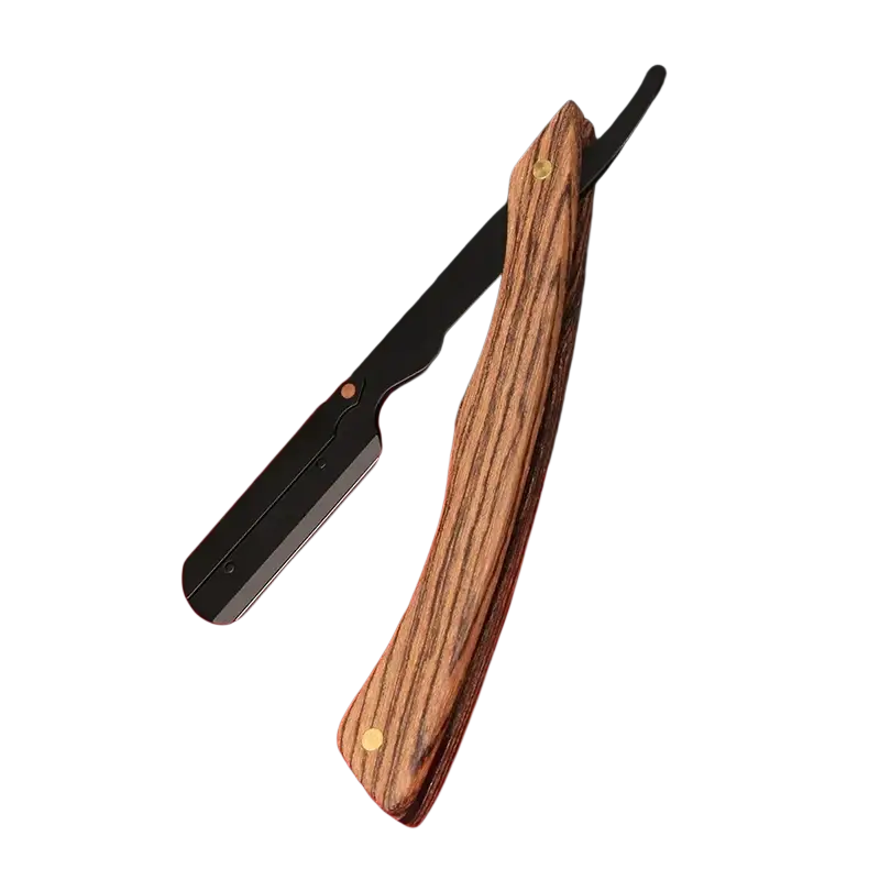 A stainless steel straight razor with a black blade and richly grained wooden handle accented by gold rivets