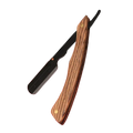 A stainless steel straight razor with a black blade and richly grained wooden handle accented by gold rivets