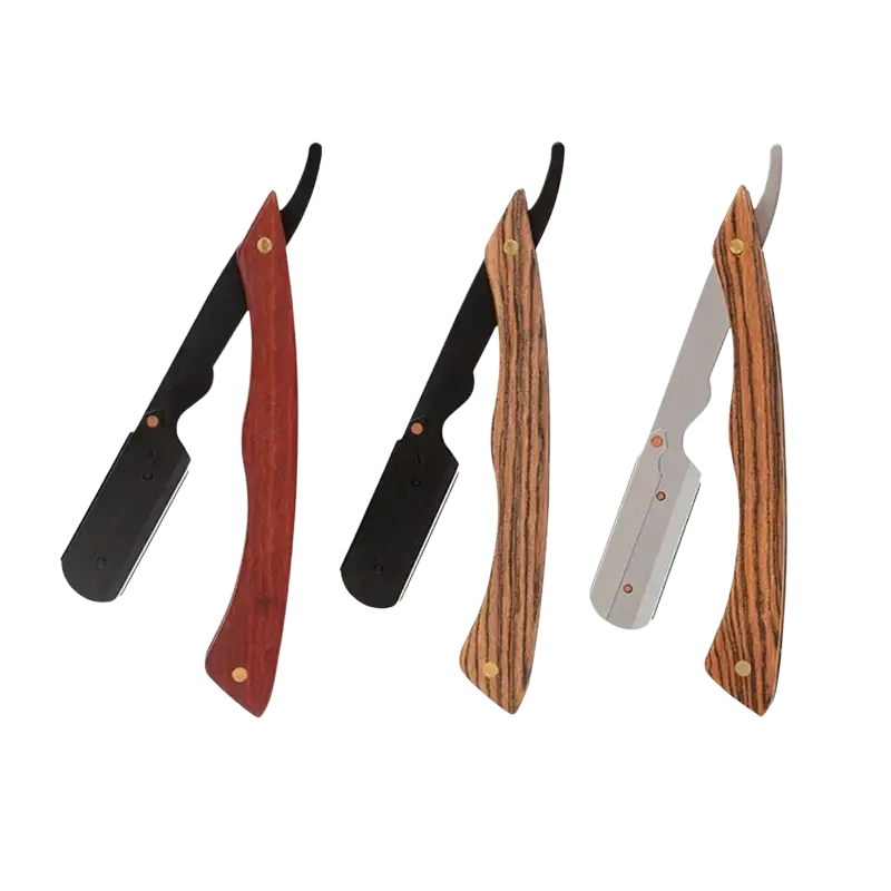 Three stainless steel straight razors with wooden handles in red, striped brown, and natural wood finishes