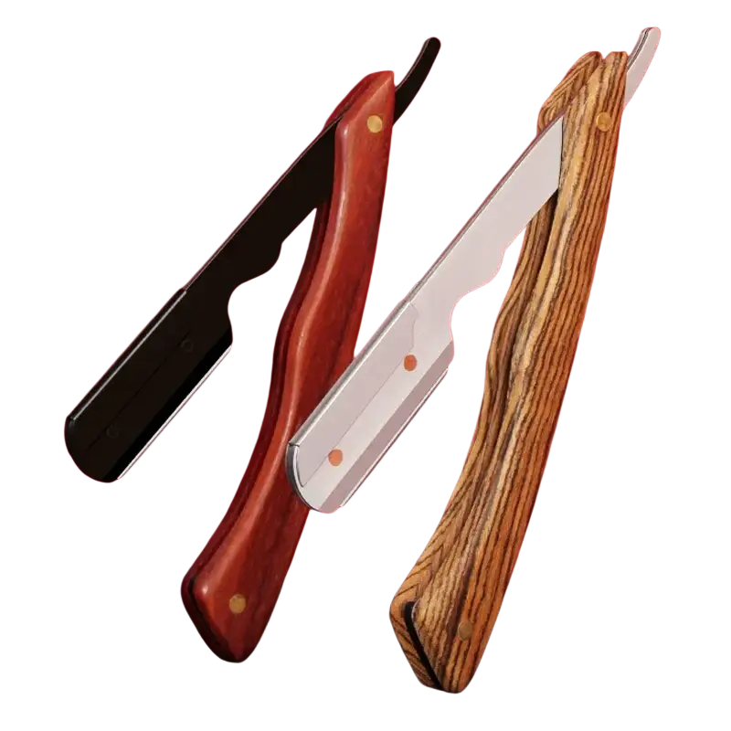 Two stainless steel straight razors with wood handles in reddish-brown and natural striped finish with gold rivets