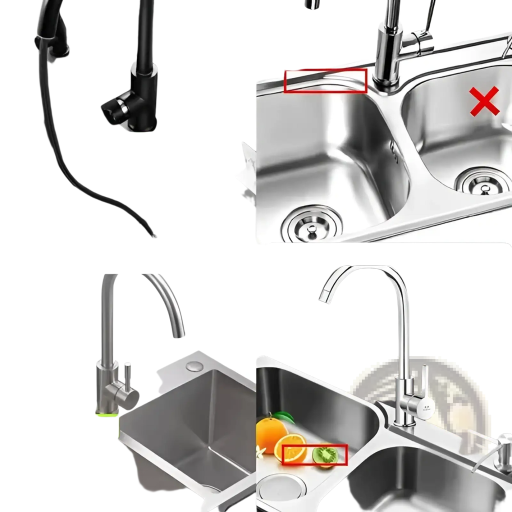 Stainless steel kitchen faucet with sleek modern design and black handle shown with swan sink strainer basket filter