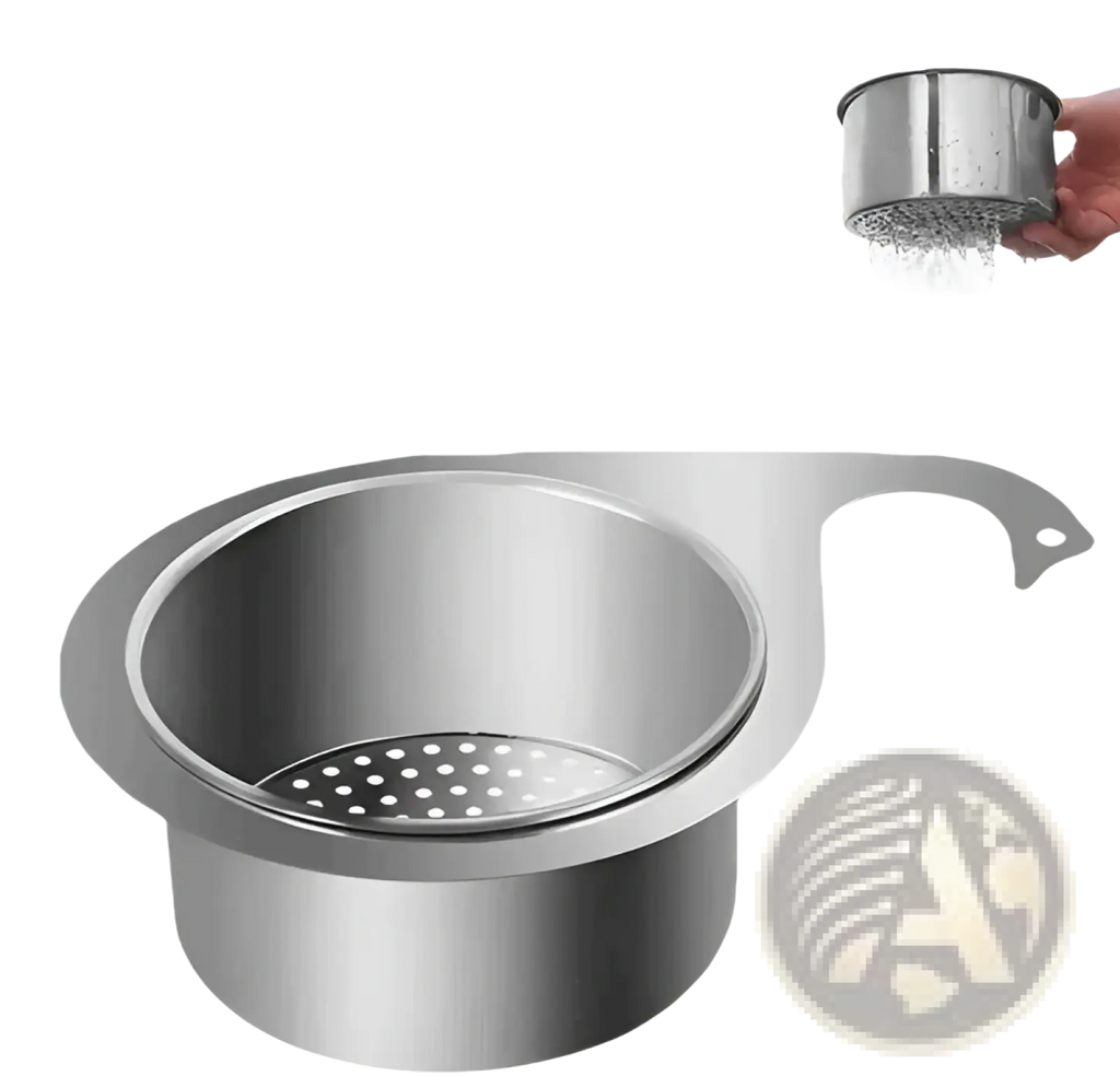 Stainless steel swan sink strainer basket filter with perforated base and integrated handle for kitchen sinks
