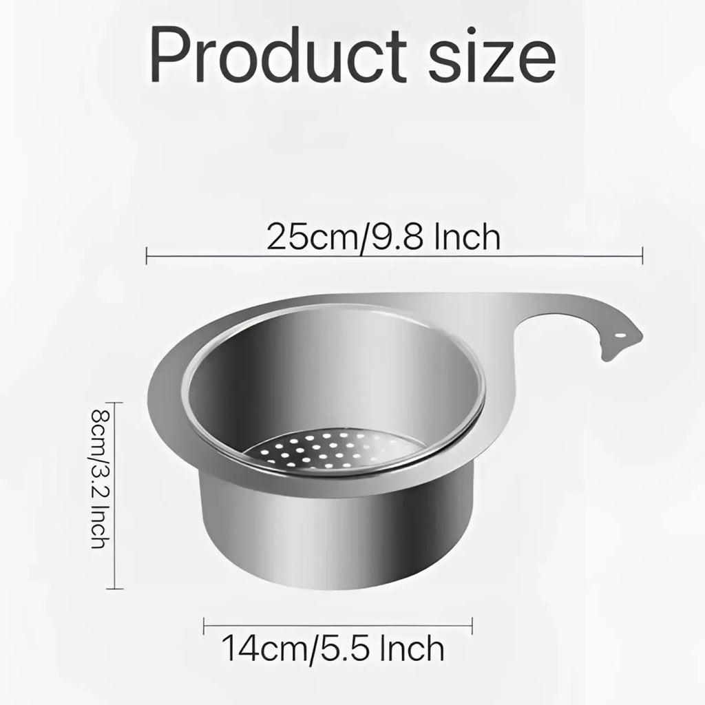 Silver stainless steel swan sink strainer basket filter with curved handle and perforated base for kitchen use