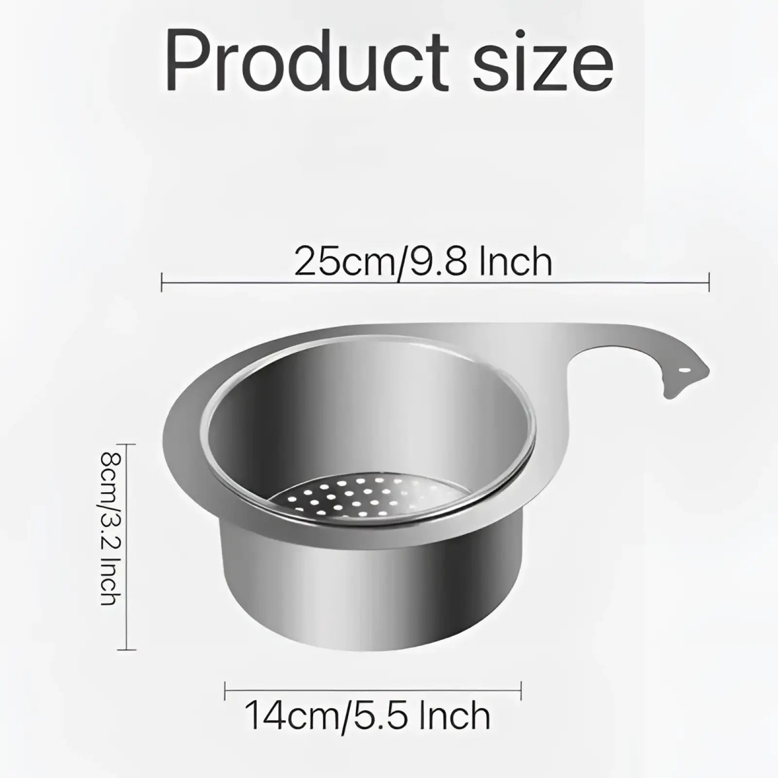 Silver stainless steel swan sink strainer basket filter with curved handle and perforated base for kitchen use