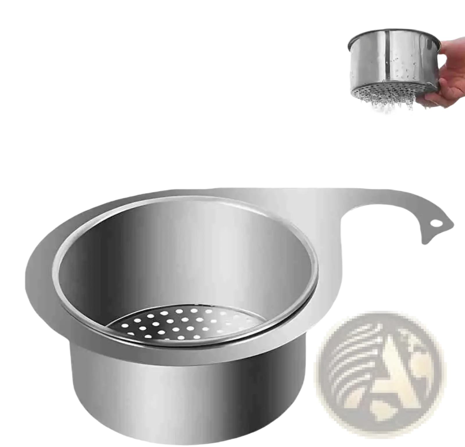 Stainless steel swan sink strainer basket filter with perforated base and integrated handle for efficient drainage
