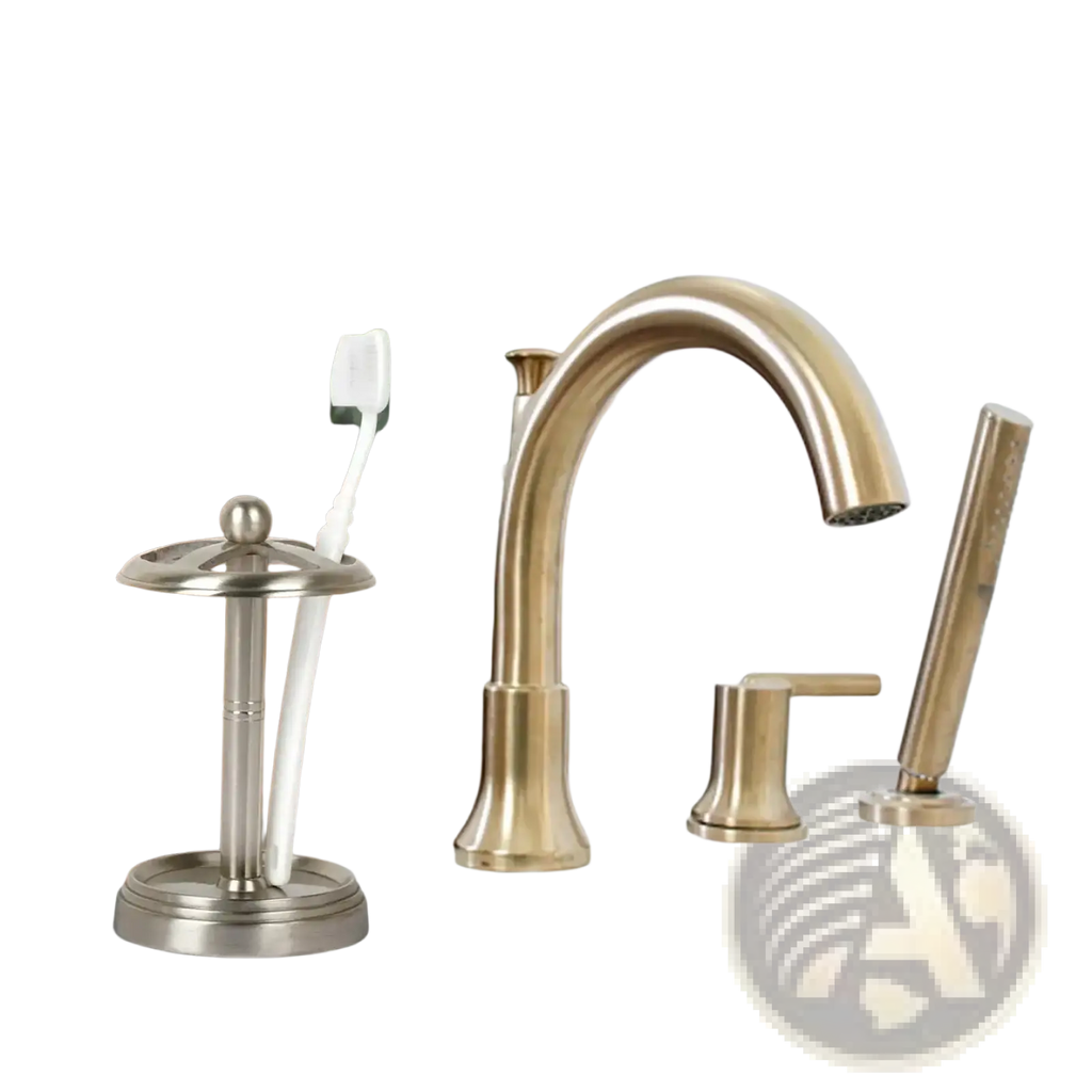 A sleek brushed nickel stainless steel toothbrush holder with circular top and pedestal base in brushed pewter finish