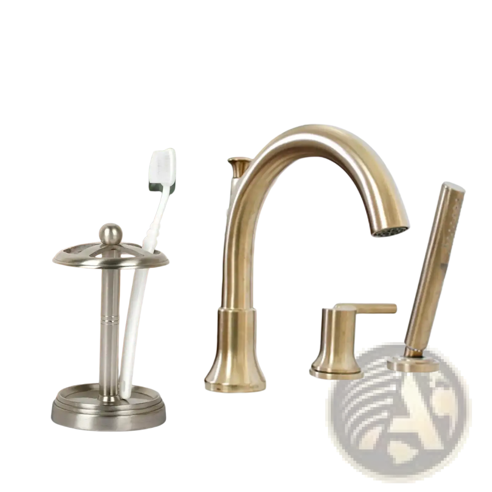A sleek brushed nickel stainless steel toothbrush holder with circular top and pedestal base in brushed pewter finish