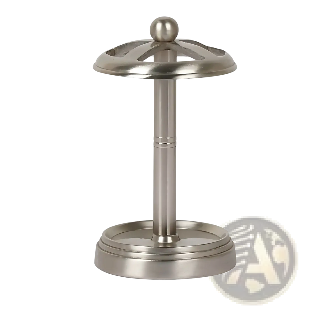 Stainless steel toothbrush holder with brushed pewter finish featuring a sleek modern design and decorative top cap