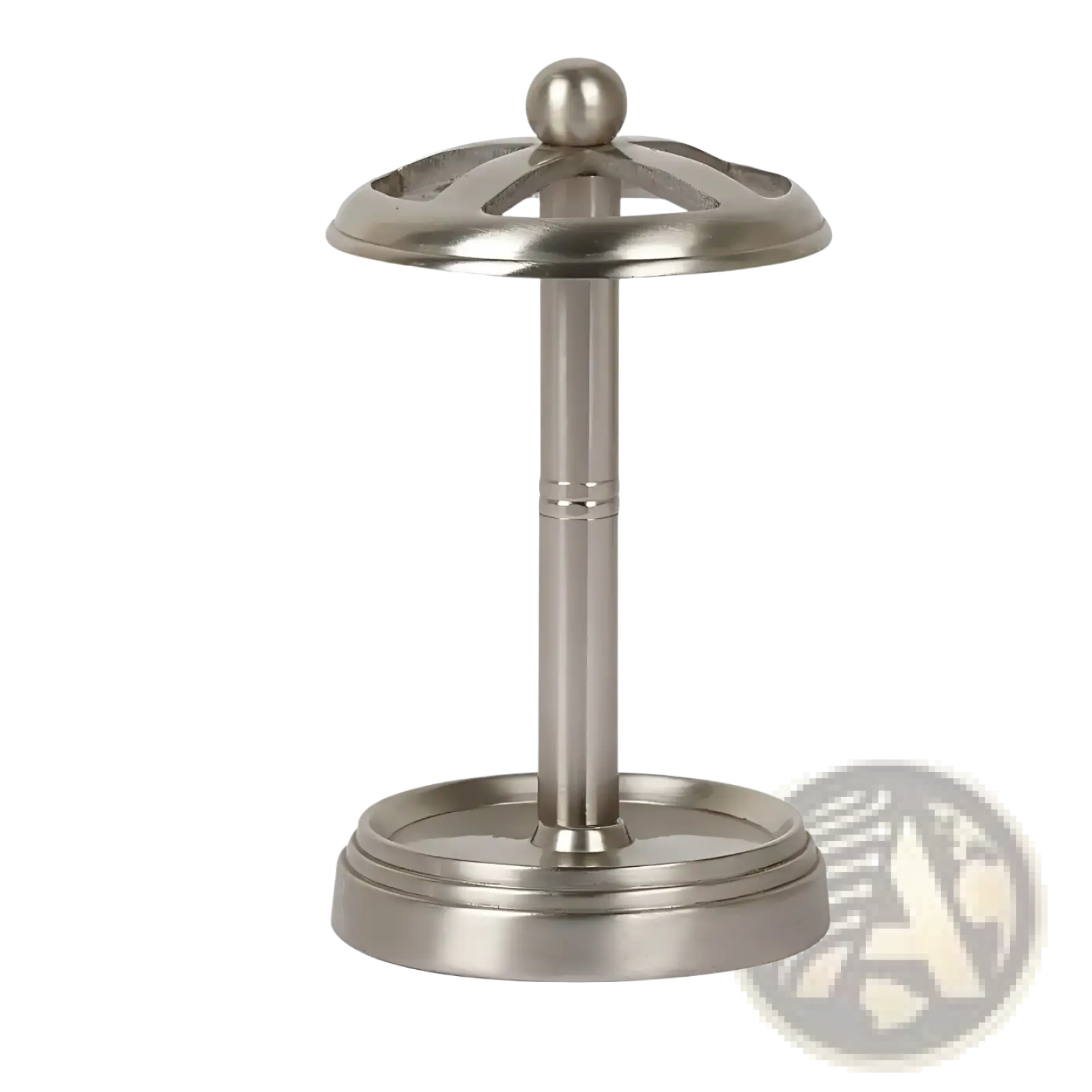 Stainless steel toothbrush holder with brushed pewter finish featuring a sleek modern design and decorative top cap