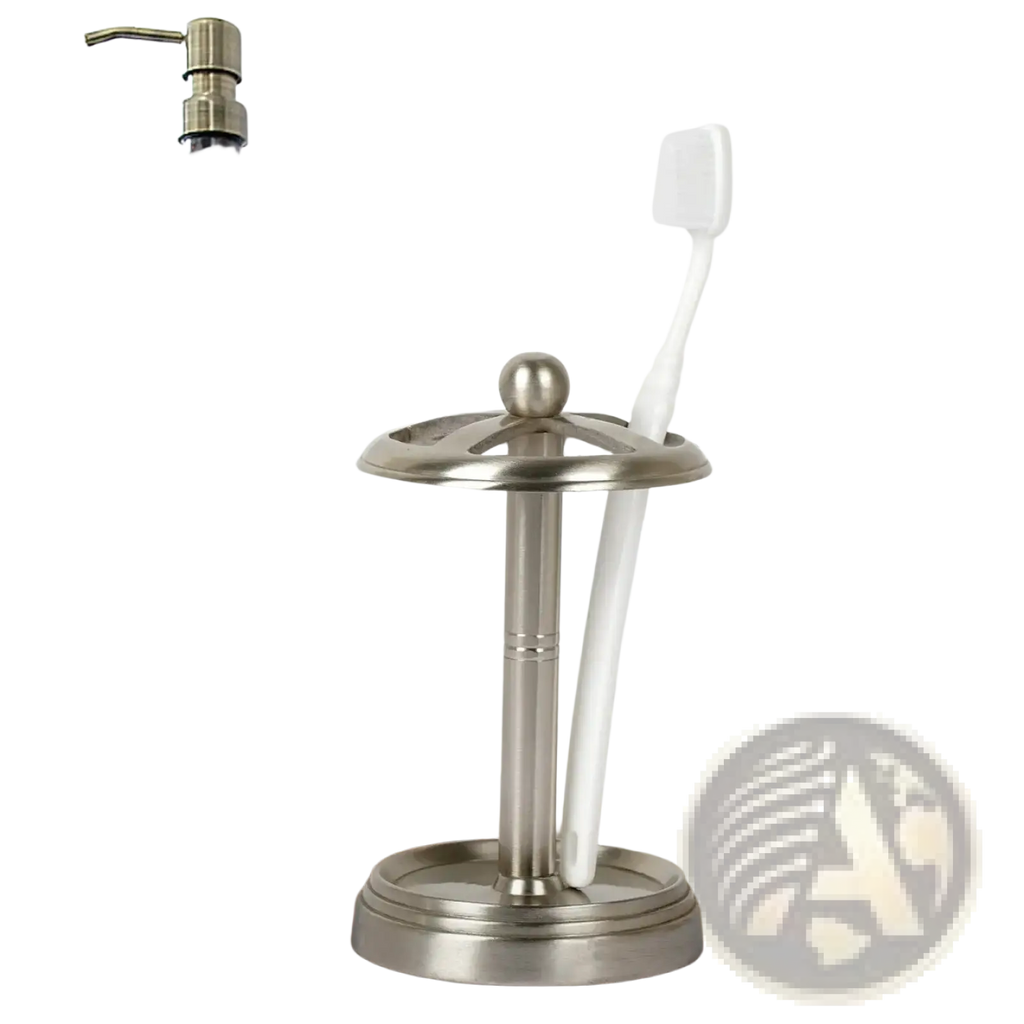 Stainless steel toothbrush holder with brushed pewter finish spherical top and circular base holding one white toothbrush