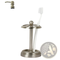 Stainless steel toothbrush holder with brushed pewter finish spherical top and circular base holding one white toothbrush