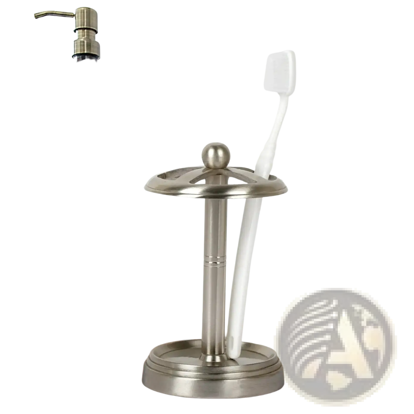 Stainless steel toothbrush holder with brushed pewter finish spherical top and circular base holding one white toothbrush