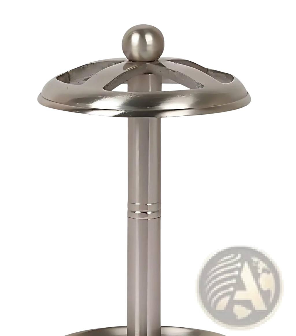 Stainless steel toothbrush holder with brushed pewter finish and decorative cut-out top in polished design