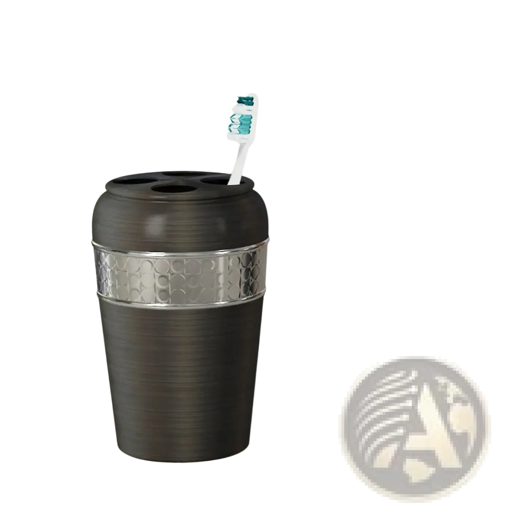 Black stainless steel toothbrush holder in oil rubbed bronze with silver band and white toothbrush with teal bristles