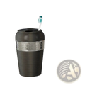 Black stainless steel toothbrush holder in oil rubbed bronze with silver band and white toothbrush with teal bristles