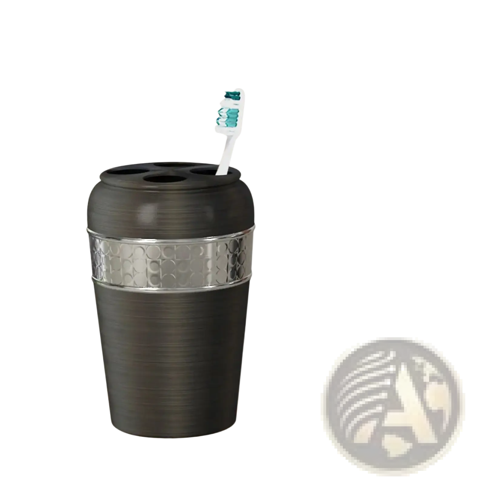Black stainless steel toothbrush holder in oil rubbed bronze with silver band and white toothbrush with teal bristles