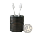 Black textured stainless steel toothbrush holder with four slots for white toothbrushes in oil rubbed bronze finish