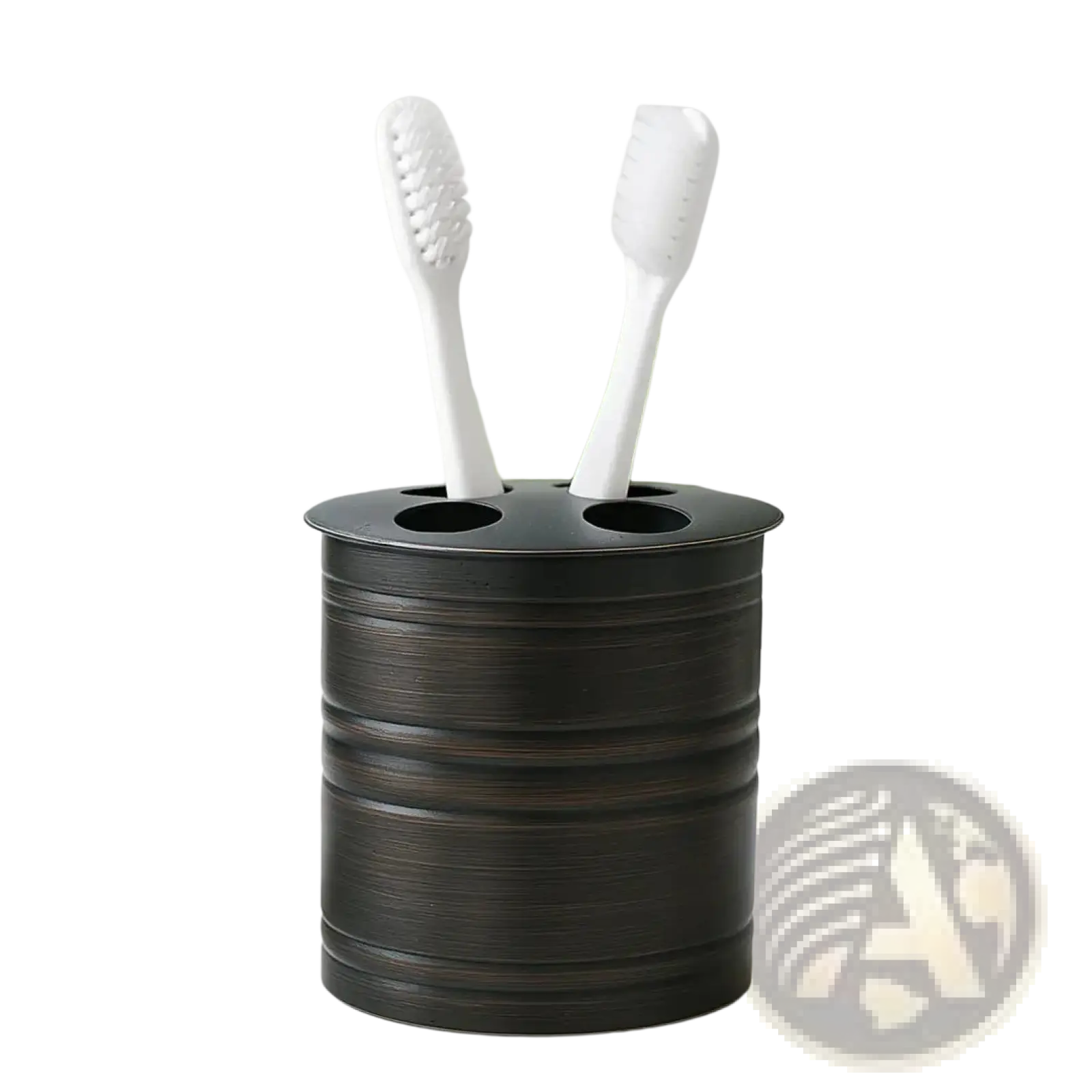 Black textured stainless steel toothbrush holder with four slots for white toothbrushes in oil rubbed bronze finish