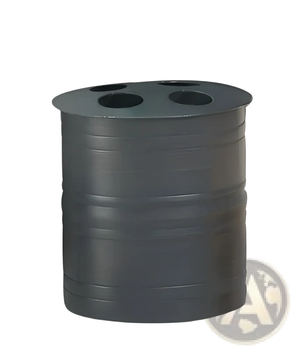 Dark gray stainless steel toothbrush holder with oil rubbed bronze finish and four circular openings on top