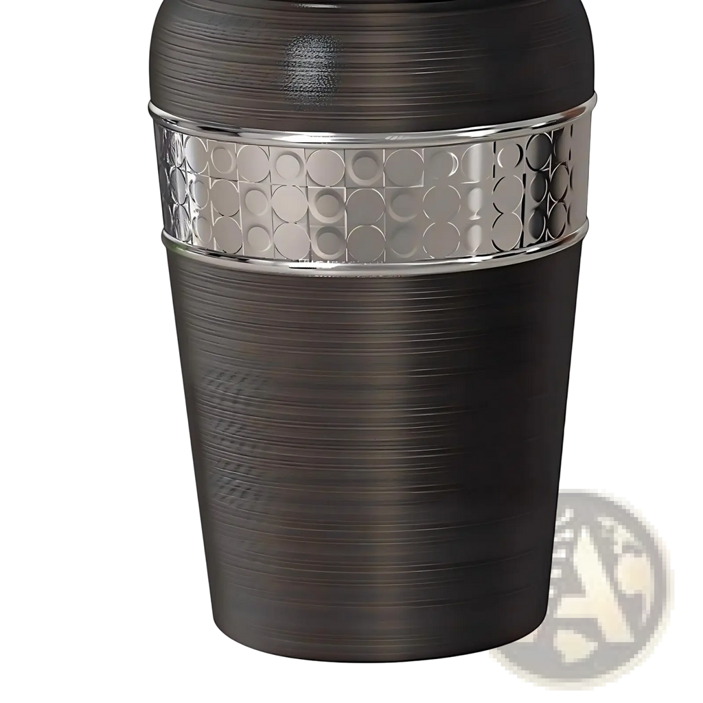 Dark bronze stainless steel toothbrush holder with a silver band and circular indentations in oil rubbed bronze finish
