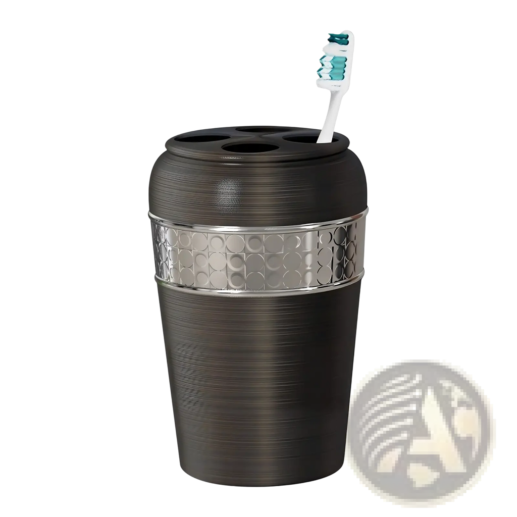 Stainless steel toothbrush holder in oil rubbed bronze with dark gray brushed metal finish and four brush slots