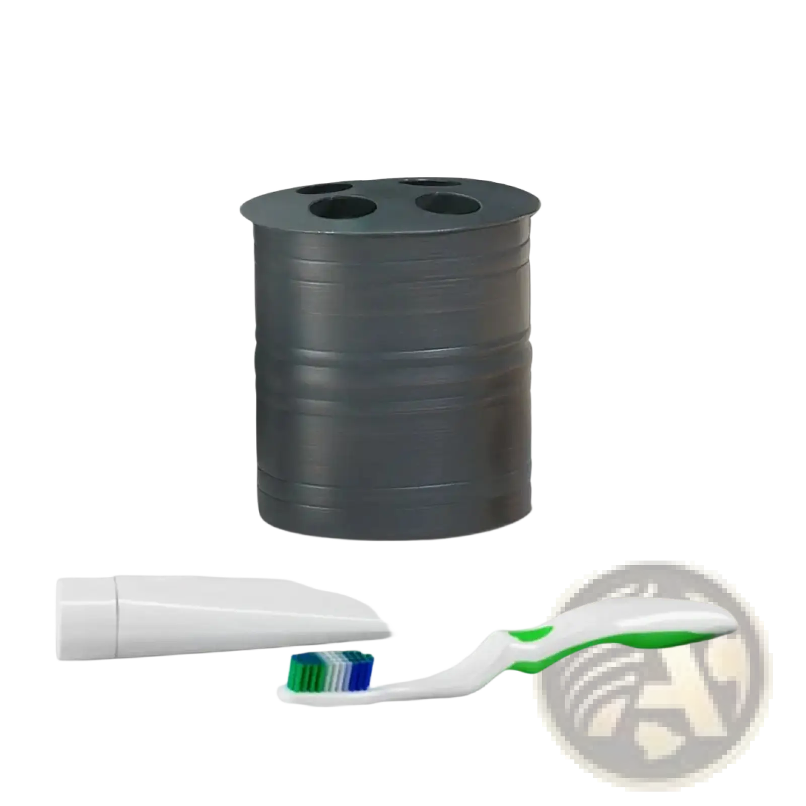 Dark gray cylindrical stainless steel toothbrush holder with four circular slots oil rubbed bronze finish