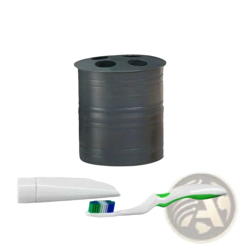 Dark gray cylindrical stainless steel toothbrush holder with four circular slots oil rubbed bronze finish