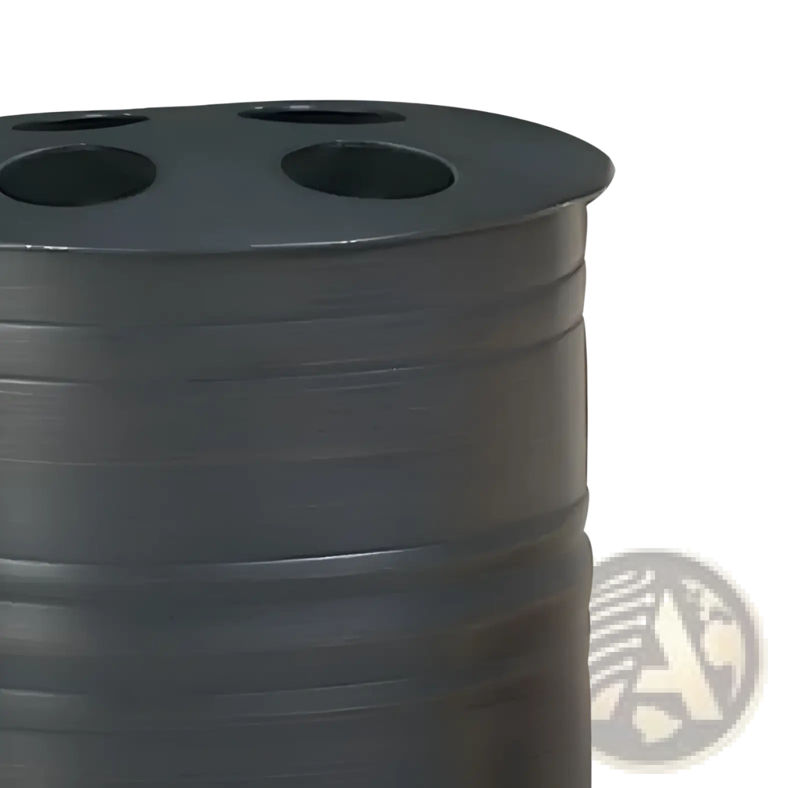 Black metal cylindrical toothbrush holder with four circular openings in oil rubbed bronze stainless steel finish