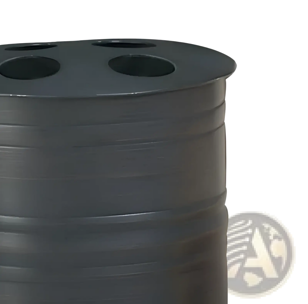 Black metal cylindrical toothbrush holder with four circular openings in oil rubbed bronze stainless steel finish