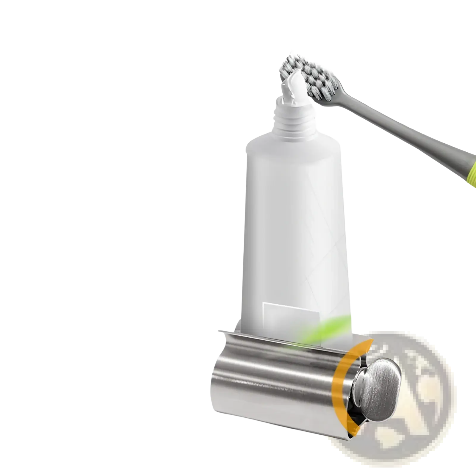 Silver stainless steel toothpaste squeezer and holder set with sleek cylindrical design and rotating waste reduction mechanism