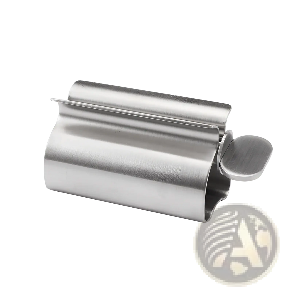 Stainless steel toothpaste squeezer and toothbrush holder set with sleek curved design and small circular knob in silver