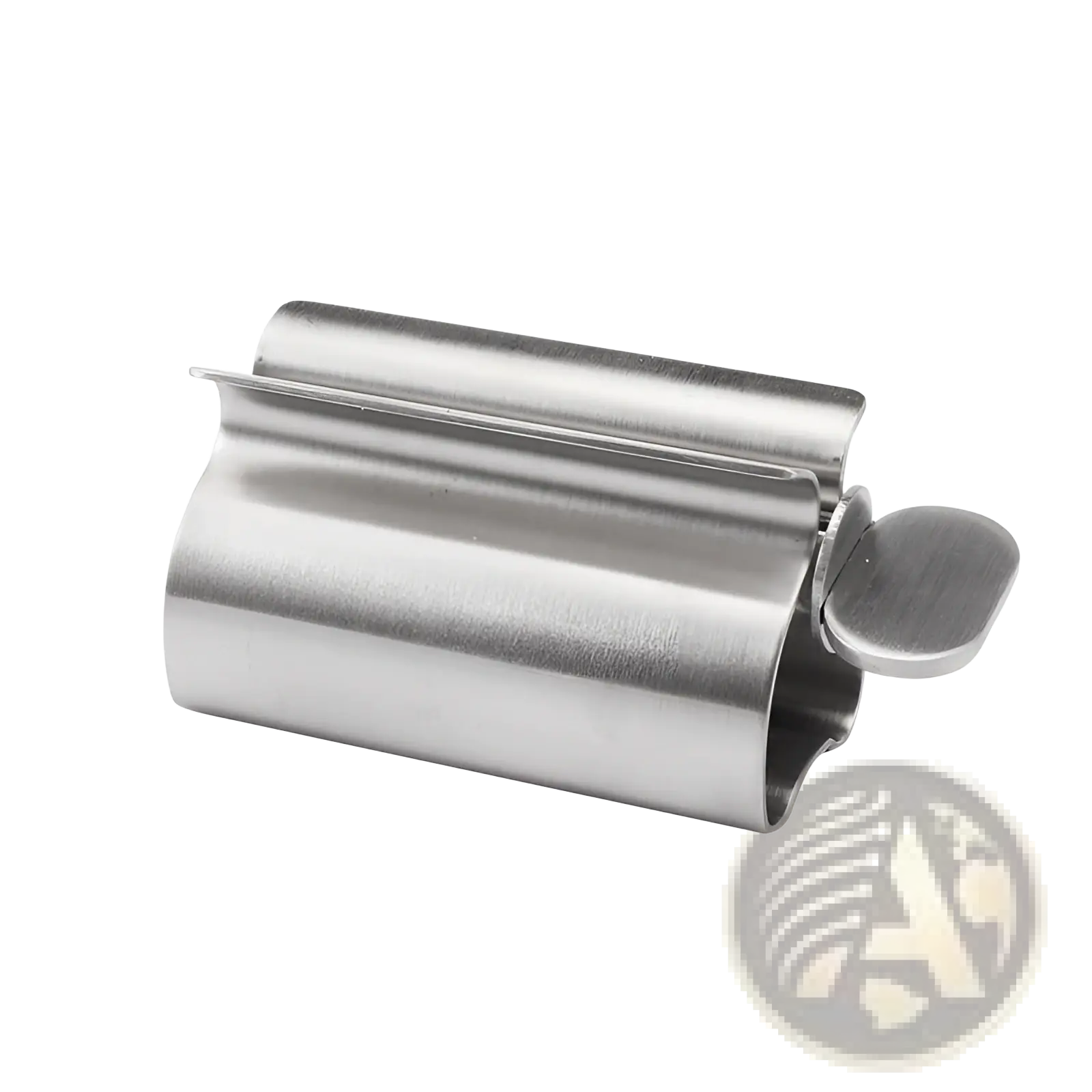 Stainless steel toothpaste squeezer and toothbrush holder set with sleek curved design and small circular knob in silver