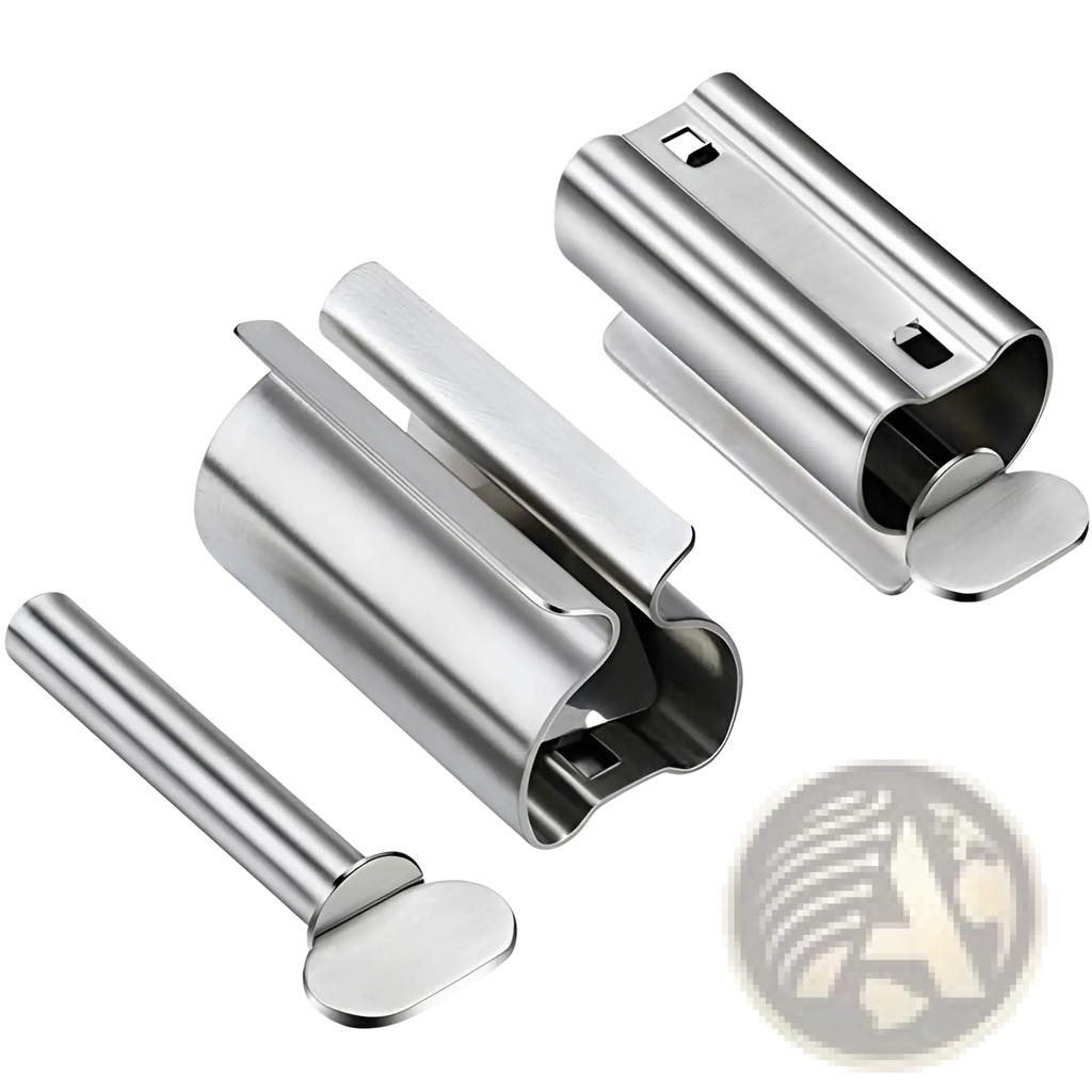 Set of three stainless steel toothpaste squeezers and holders with sleek modern design and matching cylindrical handles