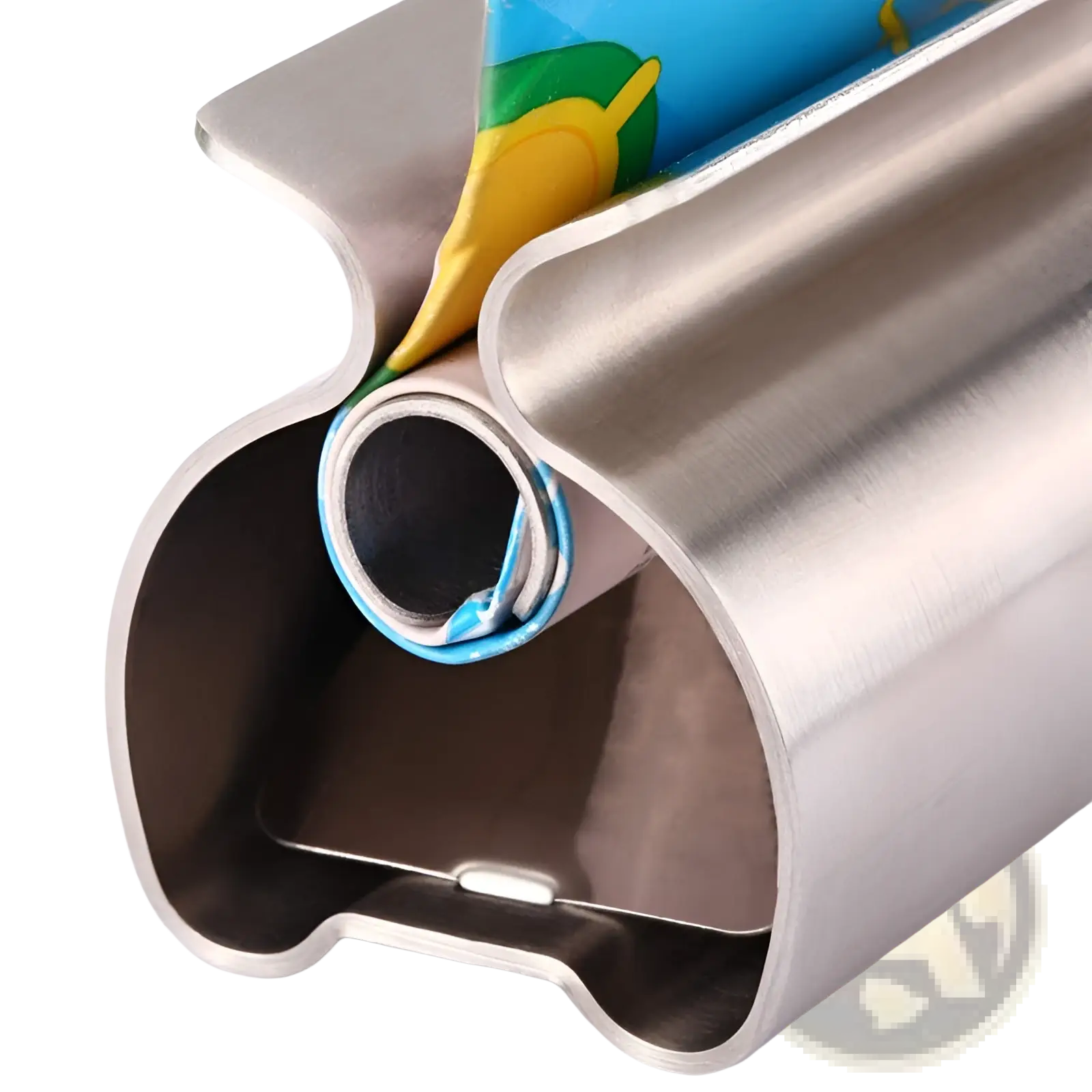 Stainless steel toothpaste squeezer and holder set with a sleek curved roll holder holding a colorful plastic food bag