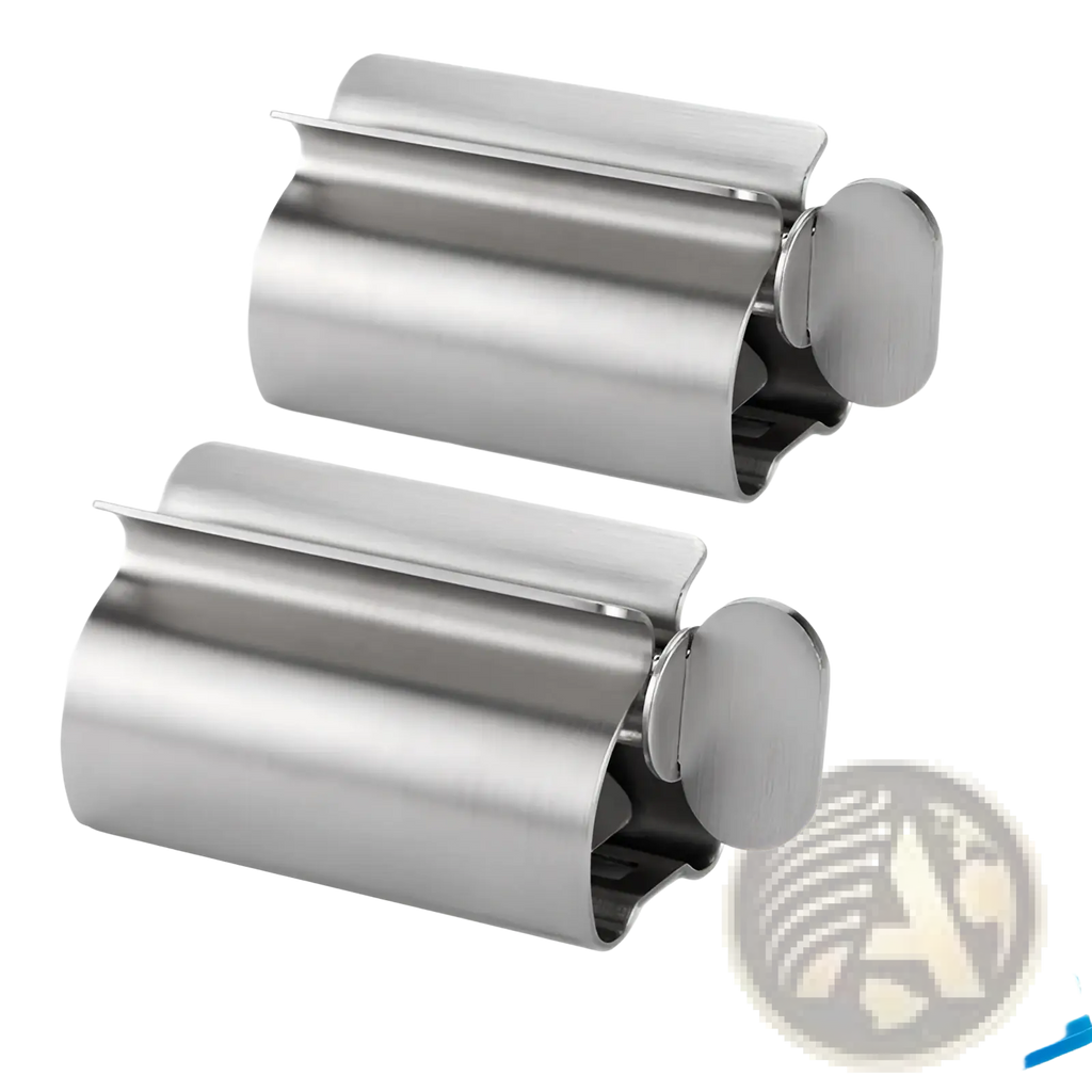 Stainless steel toothbrush holder with sleek cylindrical design and hinged lid in toothpaste squeezer and holder set