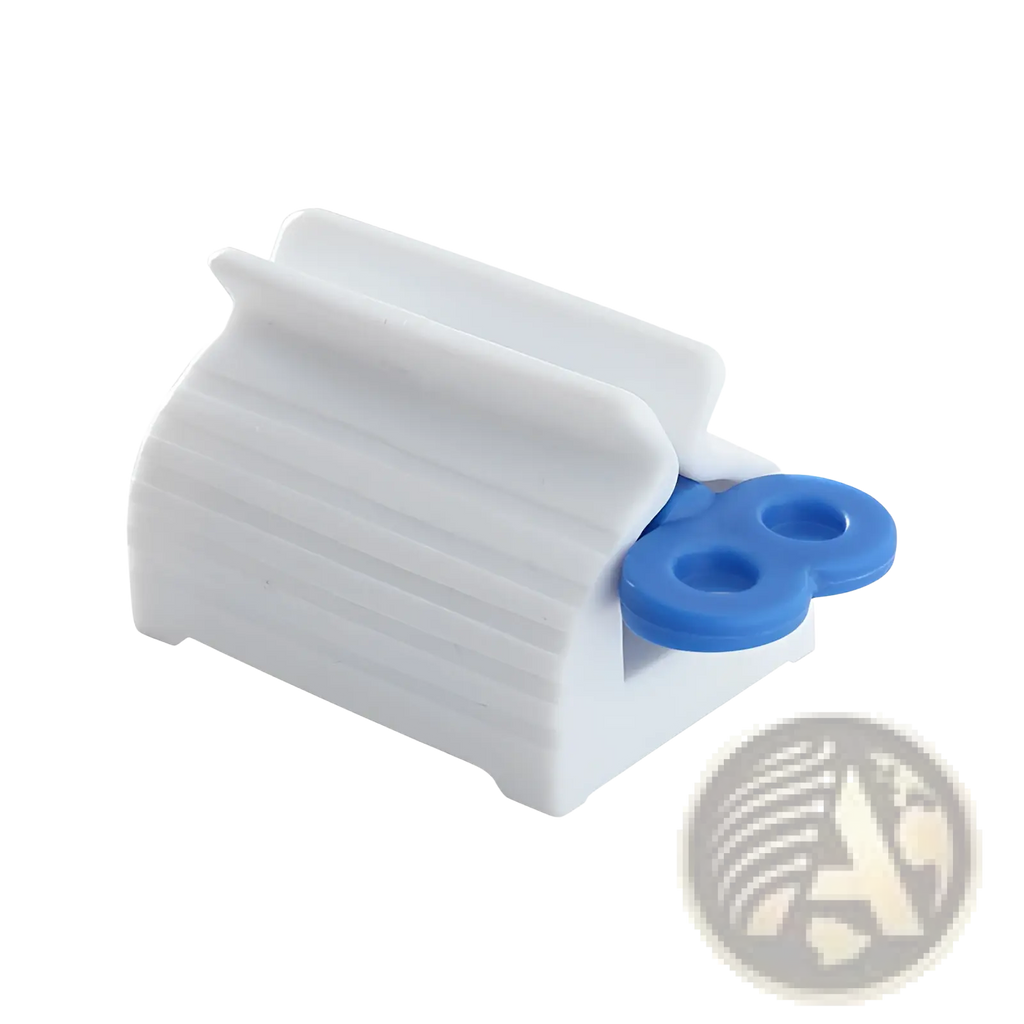 White plastic toothpaste holder with blue circular grips for stainless steel toothpaste squeezer and holder set