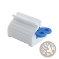 White plastic toothpaste holder with blue circular grips for stainless steel toothpaste squeezer and holder set