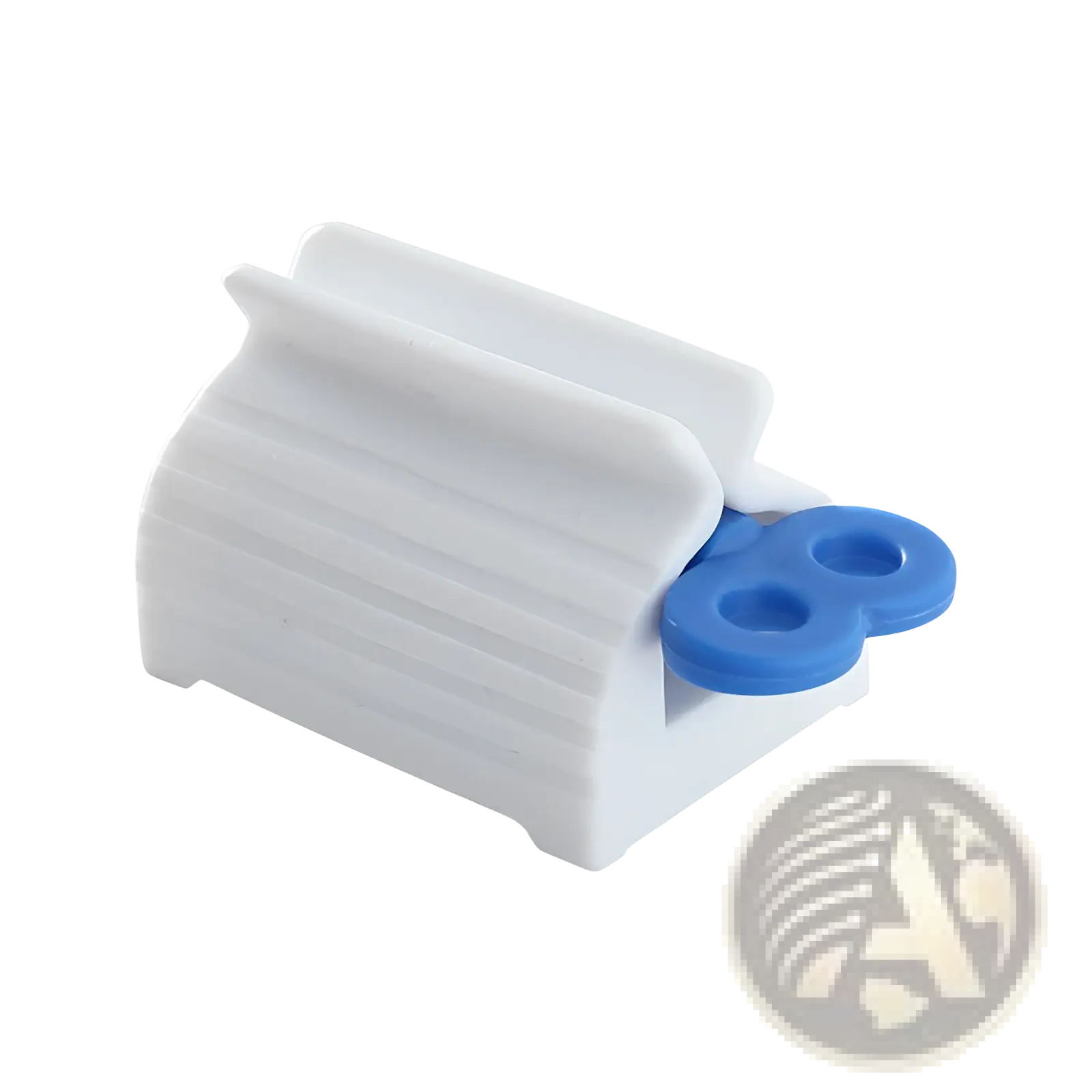 White plastic toothpaste holder with blue circular grips for stainless steel toothpaste squeezer and holder set