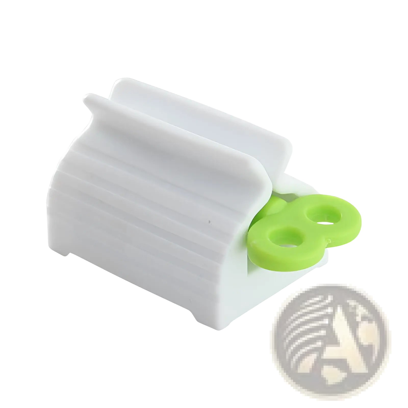 White plastic toothpaste holder with lime green silicone rings for stainless steel toothpaste squeezer and holder set