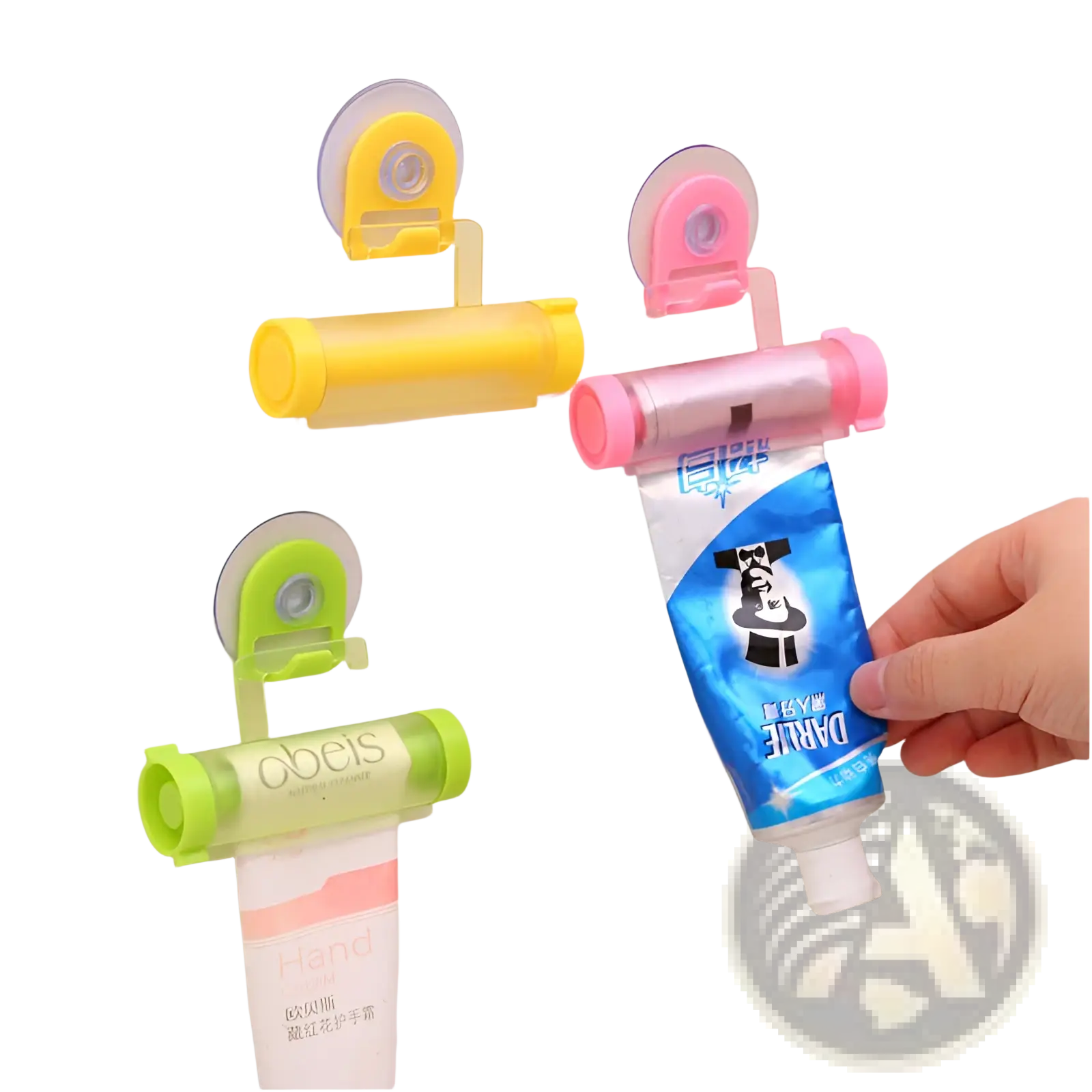 Pink and transparent plastic toothpaste dispenser with suction cup mount in stainless steel toothpaste squeezer and holder set