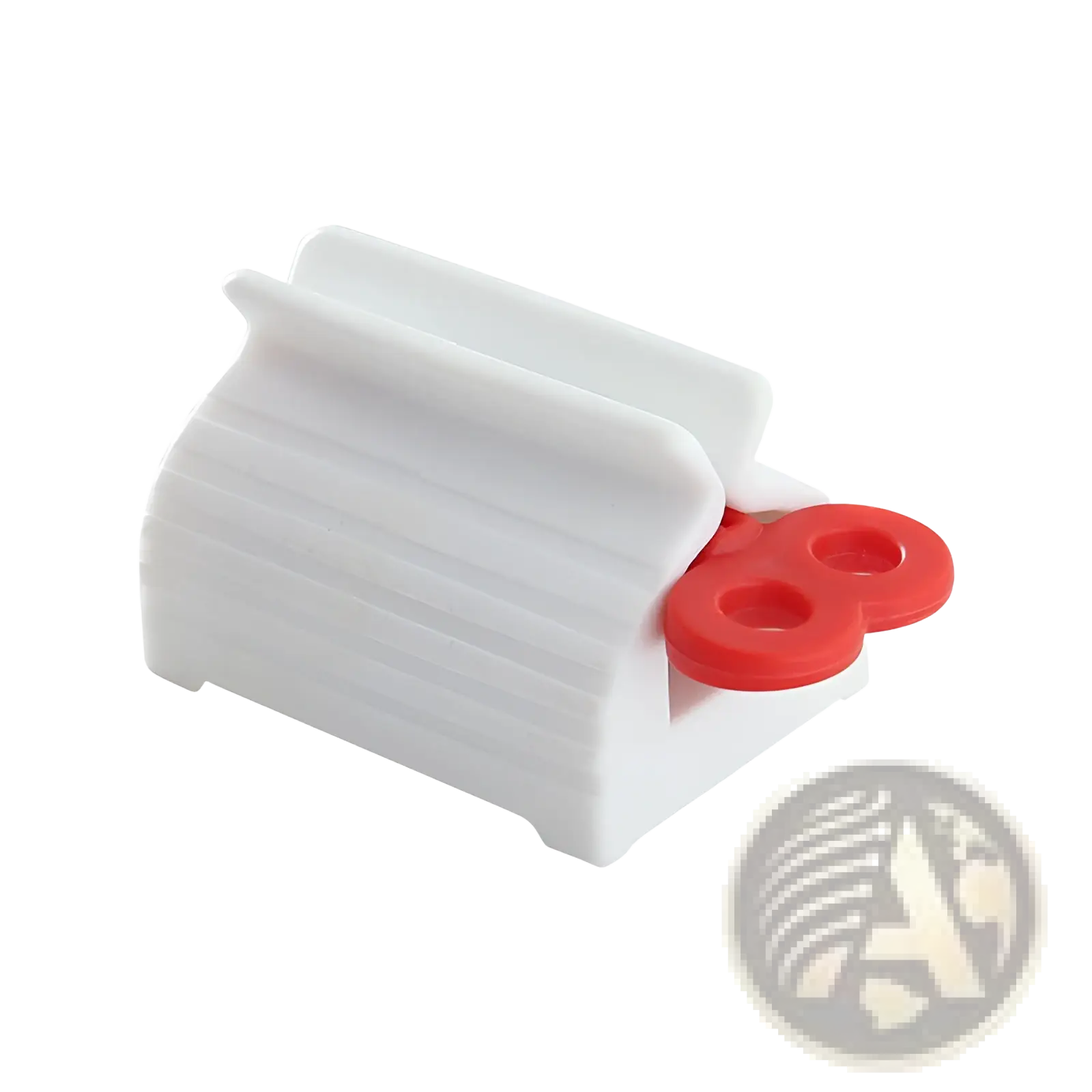 White plastic toothbrush holder with red circular accents included in stainless steel toothpaste squeezer and holder set