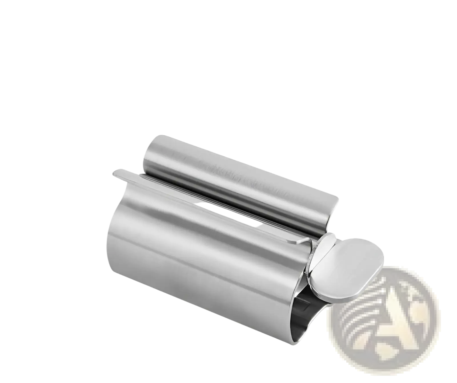 Stainless steel toothpaste squeezer and holder set with sleek cylindrical can opener featuring a smooth reflective surface