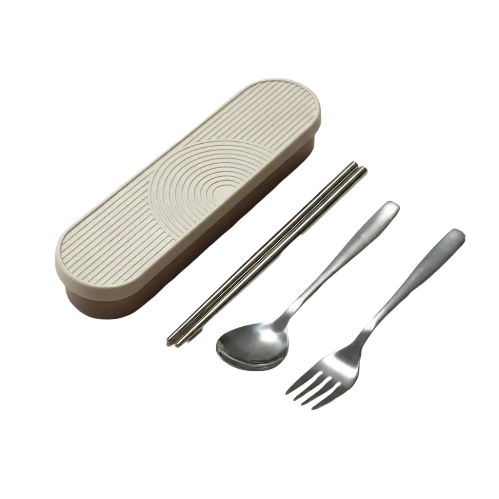 Beige oval stainless steel travel cutlery set with ridged plastic case holding chopsticks spoon and fork
