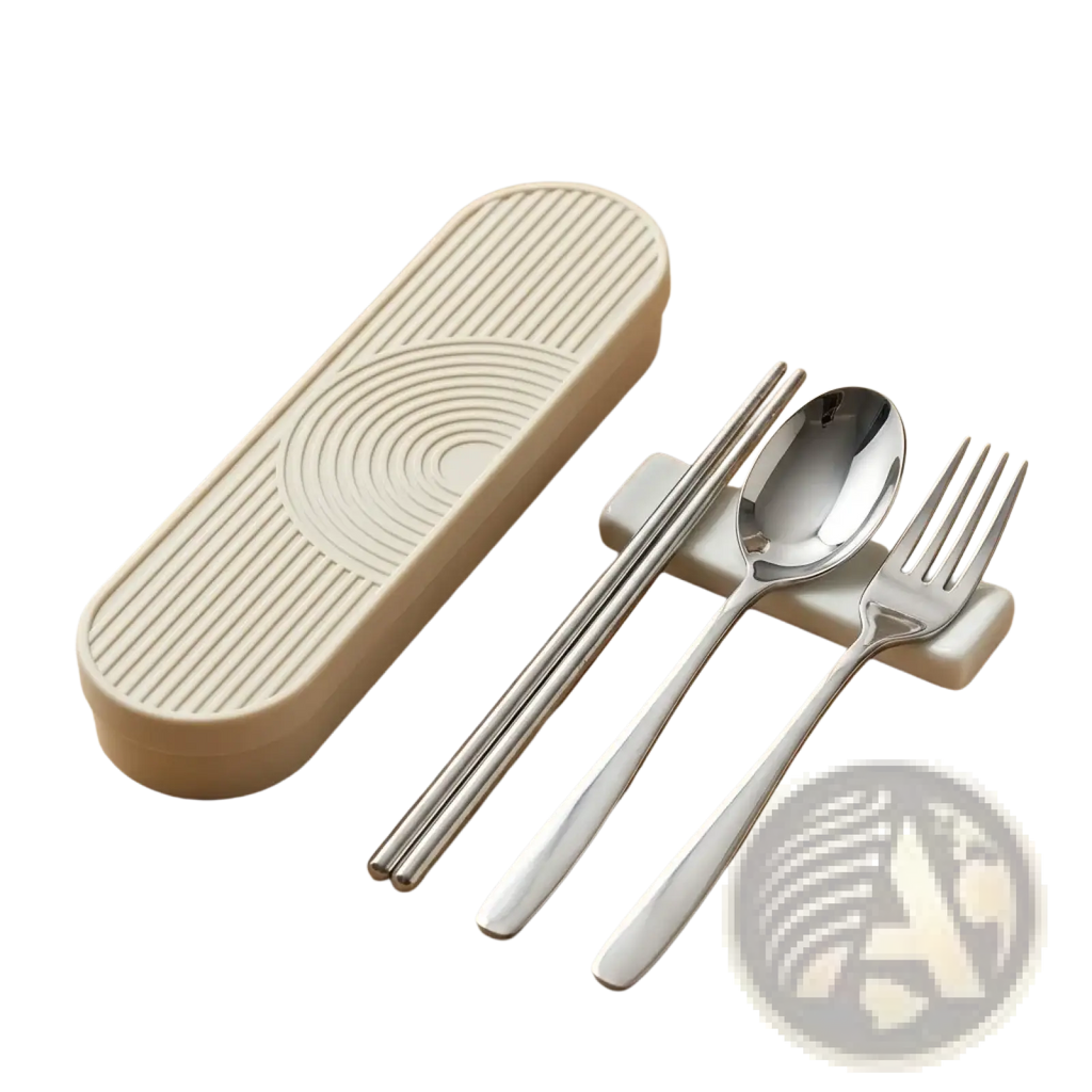 Beige stainless steel travel cutlery set with silicone case featuring minimalist concentric circular design on lid and utensils