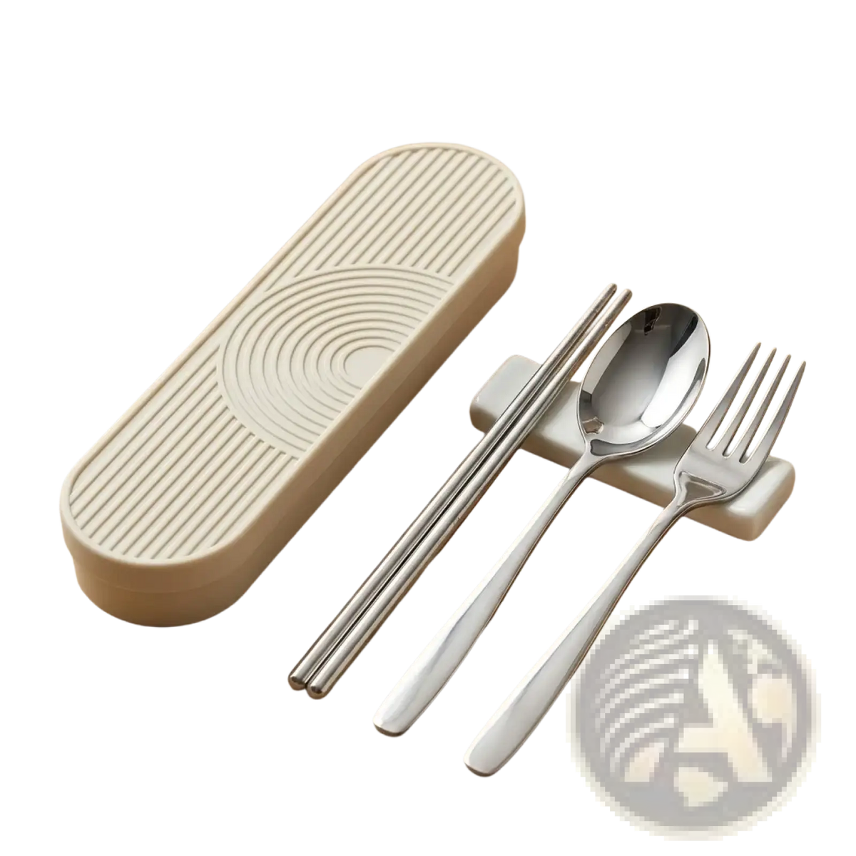Beige stainless steel travel cutlery set with silicone case featuring minimalist concentric circular design on lid and utensils