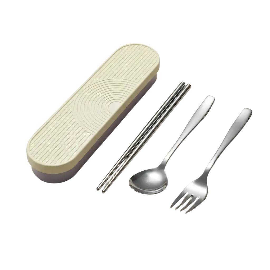 Cream-colored stainless steel travel cutlery set with oval case featuring subtle ridges and soft lavender base